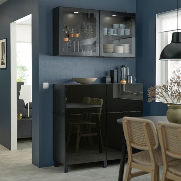 Комбинация для хранения с дверцами/ящ, черно-коричневый/сельсв/стуббарп глянцевый, черный прозрачное стекло 120x42x213 см IKEA - фото 3