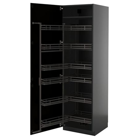 METOD Высокий шкаф с выдвижным модулем - черно-серый/Bodbyn чёрный 60x60x200 см