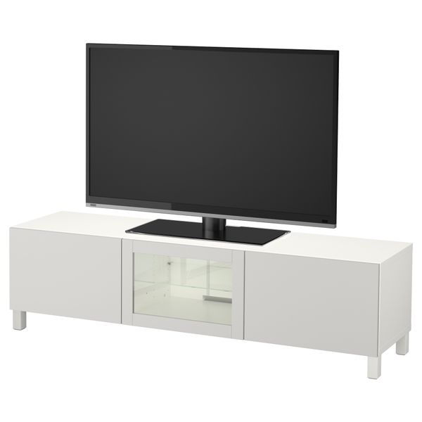 Тумба под ТВ с ящиками и дверцей БЕСТО, белый, Лаппвикен светло-серый прозрачное стекло (180x40x48 см) - фото 1