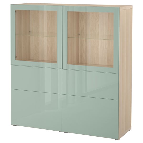 Комбинация для хранения со стеклянными дверцами БЕСТО, под беленый дуб Сельсвикен, глянцевый/серо-зеленый светлый прозрачное - фото 1