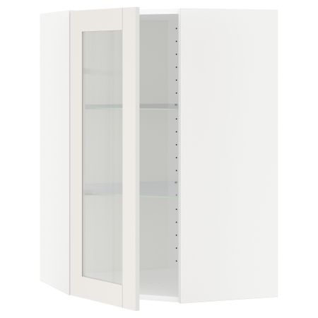 Угловой навесной шкаф с полками, стекляными дверцами МЕТОД, белый, Сэведаль белый