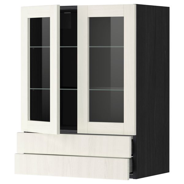 Навесной шкаф, 2 стеклянные дверцы, 2 ящика МЕТОД / МАКСИМЕРА, черный, Росдаль белый - схема-чертеж с размерами