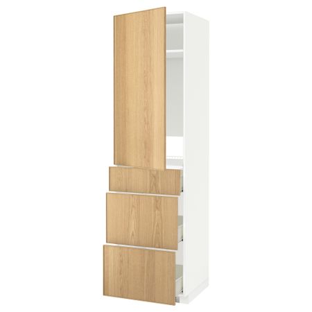 Высокий шкаф для холодильника, с дверцами, 3 ящика МЕТОД / ФОРВАРА, белый, Экестад дуб (60x60x220 см)