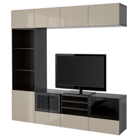 Шкаф для ТВ, комбинированный, стекляные дверцы БЕСТО, черно-коричневый, Сельсвикен глянцевый/бежевый прозрачное стекло