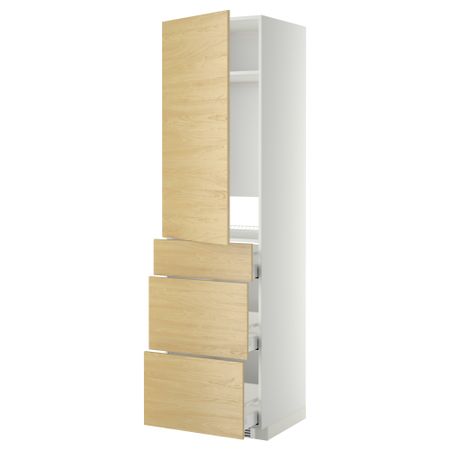 Высокий шкаф для холодильника, с дверцами, 3 ящика МЕТОД / МАКСИМЕРА, белый, Тингсрид береза (60x60x220 см)