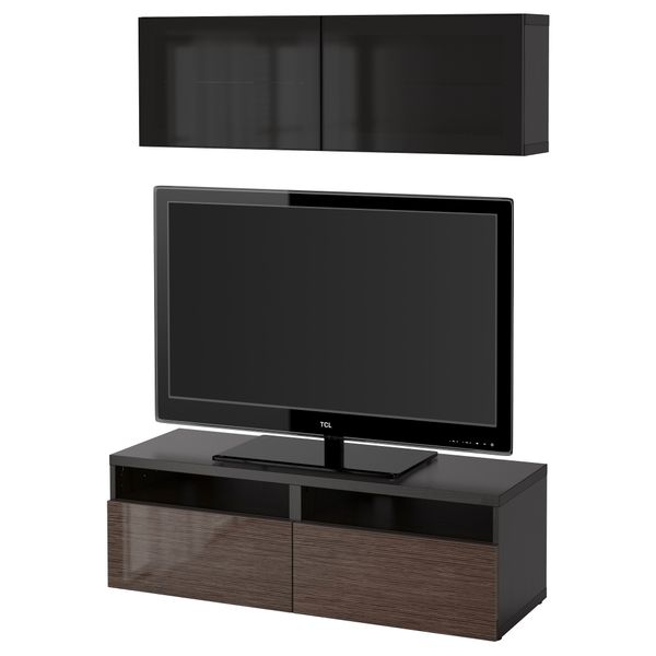 Шкаф для ТВ, комбинированный, стекляные дверцы БЕСТО, черно-коричневый, Сельсвикен глянцевый/коричневый дымчат стекло - фото 1