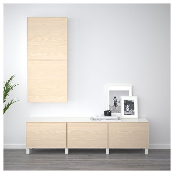 Навесной шкаф с 2 дверями БЕСТО, белый, Инвикен ясеневый шпон (60x20x128 см) - фото 2