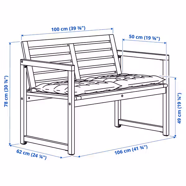 NÄMMARÖ Скамья со спинкой и подушками - схема-чертеж с размерами