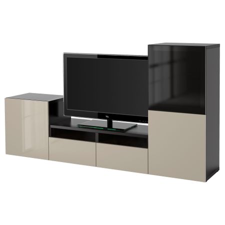 Шкаф для ТВ, комбинированный, стекляные дверцы БЕСТО, черно-коричневый, Сельсвикен глянцевый/бежевый/дымчатое стекло (240x40x128