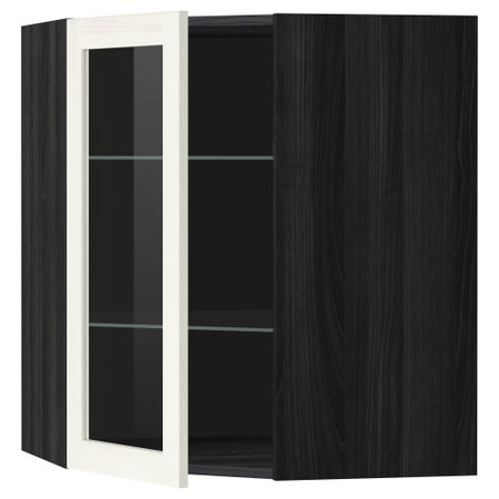 Угловой навесной шкаф с полками, стекляными дверцами МЕТОД, черный, Росдаль белый