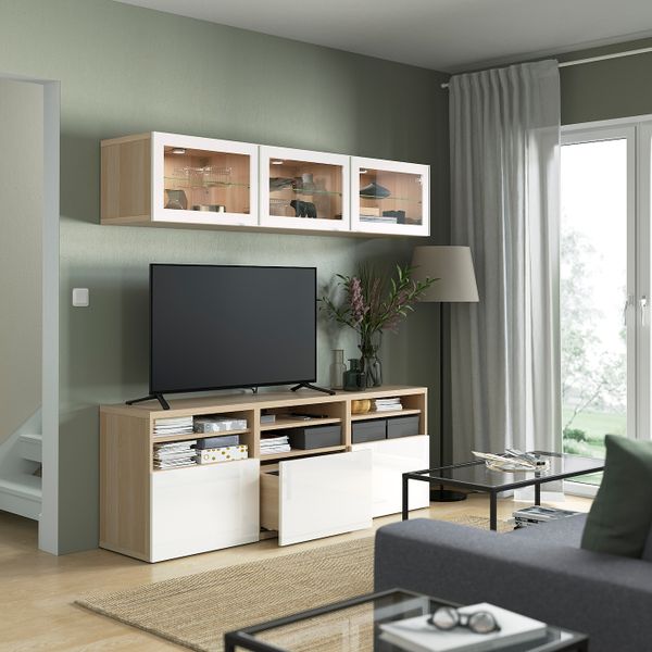 Шкаф для ТВ, комбинированный, стекляные дверцы, под беленый дуб/Сельсвикен глянцевый, белый прозрачное стекло 180x42x192 см IKEA - фото 2