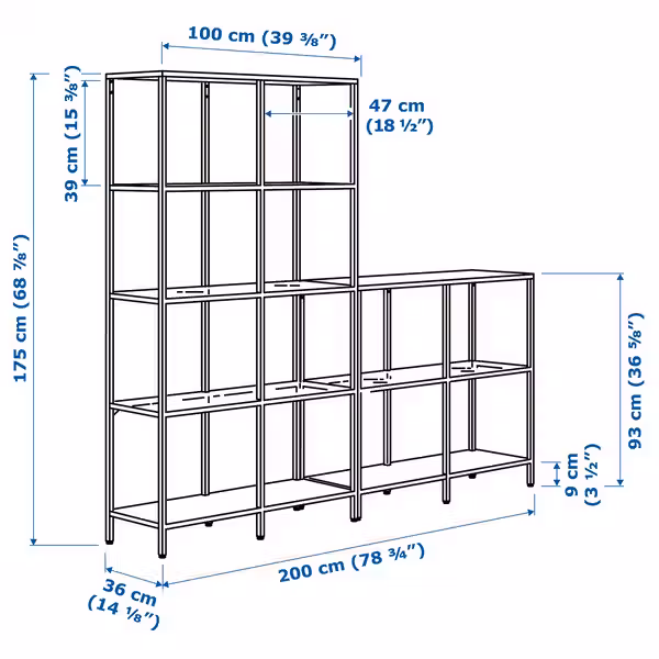 VITTSJÖ Комбинация д/хранения - черно-коричневый/стекло 200x36x175 см - схема-чертеж с размерами