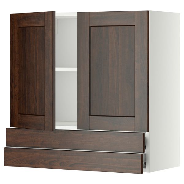 Навесной шкаф, 2 дверцы, 2 ящика МЕТОД / ФОРВАРА, белый, Эдсерум коричневый - фото 1