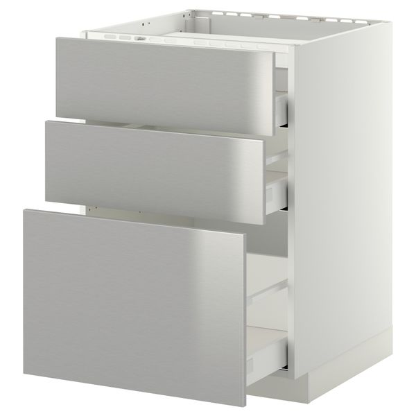 Напольный шкаф, 3 фронтальных панели, 3 ящика МЕТОД / МАКСИМЕРА, белый, Гревста нержавеющ сталь - схема-чертеж с размерами