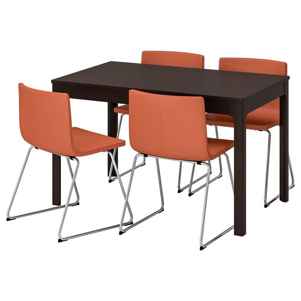 Стол и 4 стула ЭКЕДАЛЕН / БЕРНГАРД, темно-коричневый, Мьюк оранжевый (120/180 см) - фото 1