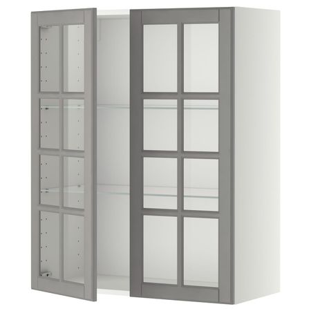 Навесной шкаф/полки/2стеклян двери, белый/Будбин серый 80x100 см IKEA METOD МЕТОД 193.936.39