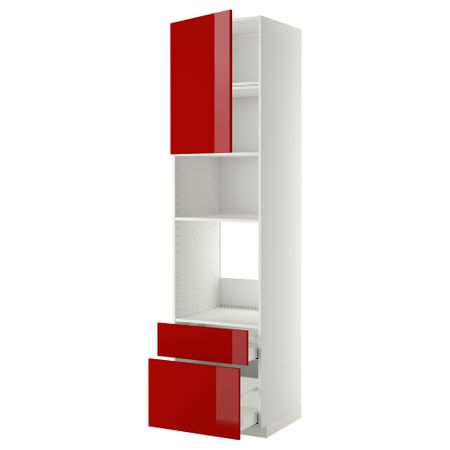 Высокий шкаф для духовки/СВЧ дверца, 2 ящика МЕТОД / МАКСИМЕРА, белый, Рингульт красный