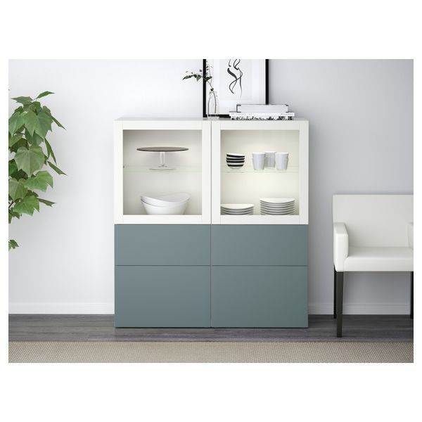 Комбинация для хранения со стеклянными дверцами БЕСТО, белый, Вальвикен серо-бирюзовый, прозрачное стекло (120x40x128 см) - схема-чертеж с размерами