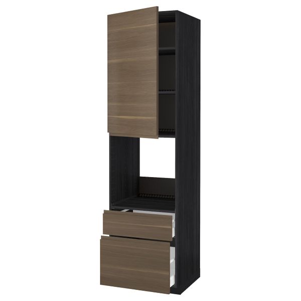 Высокий шкаф для духовки + дверца, 2 фронтальные панели, 1 средняя, 1 встроенный ящ, черный/Воксторп грецкий орех 60x60x220 см - схема-чертеж с размерами