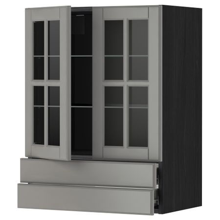 Навесной шкаф, 2 стеклянные дверцы, 2 ящика МЕТОД / ФОРВАРА, черный, Будбин серый