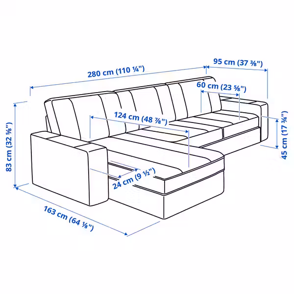 KIVIK 3-местный диван - с козеткой/Grann/Bomstad чёрный - схема-чертеж с размерами