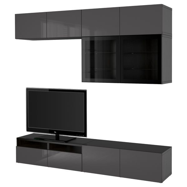 Шкаф для ТВ, комбинированный, стекляные дверцы БЕСТО, черно-коричневый, Сельсвикен глянцевый/серый прозрачное стекло (240x40x230 - фото 1