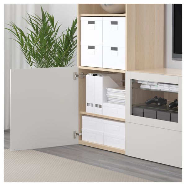 Шкаф для ТВ, комбинированный, стекляные дверцы БЕСТО, под беленый дуб, Лаппвикен светло-серый прозрачное стекло (240x40x230 см) - фото 3