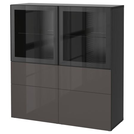 Комбинация для хранения со стеклянными дверцами БЕСТО, черно-коричневый, Сельсвикен глянцевый/серый прозрачное стекло