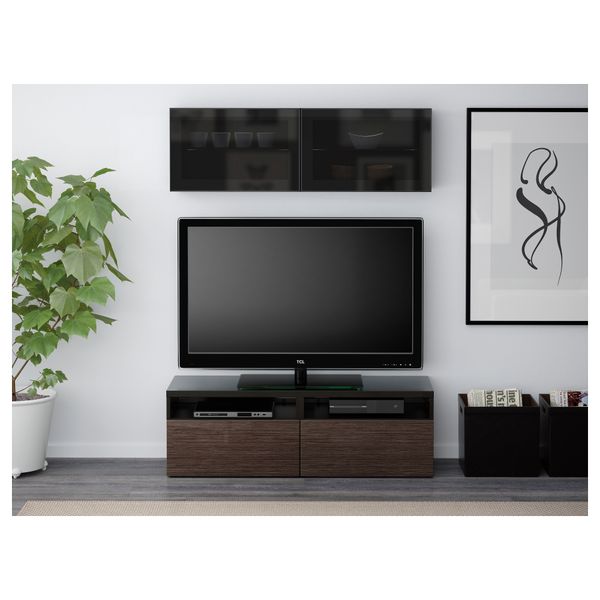 Шкаф для ТВ, комбинированный, стекляные дверцы БЕСТО, черно-коричневый, Сельсвикен глянцевый/коричневый дымчат стекло - фото 2