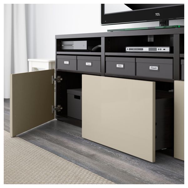 Шкаф для ТВ, комбинированный, стекляные дверцы БЕСТО, черно-коричневый, Сельсвикен глянцевый/бежевый/дымчатое стекло (180x40x192 - фото 3