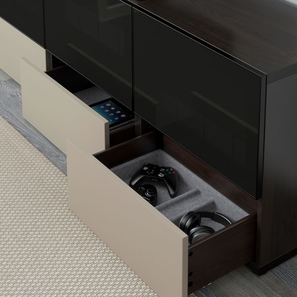 Тумба под ТВ, с дверцами и ящиками, 180x40x64 см, черно-коричневый, Selsviken глянцевый, бежевый, дымчатое стекло IKEA BESTÅ - фото 4