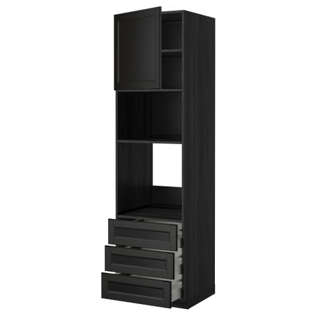 Высокий шкаф для духовки/СВЧ дверца, 3 ящика МЕТОД / МАКСИМЕРА, черный, Лаксарби черно-коричневый