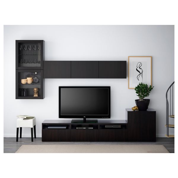 Шкаф для ТВ, комбинированный, стекляные дверцы БЕСТО, Лаппвикен, Синдвик черно-коричневый прозрачное стекло (300x20/40x211 см) - фото 2