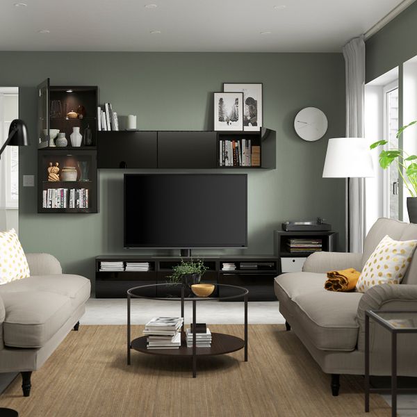 Шкаф для ТВ, комбинированный, стекляные дверцы, черно-коричневый/Сельсвикен глянцевый, черный прозрачное стекло 300x42x211 см - фото 3