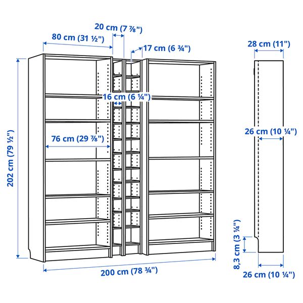 Стеллаж, 200x28x202 см, белый IKEA BILLY БИЛЛИ, GNEDBY 990.178.36 - схема-чертеж с размерами