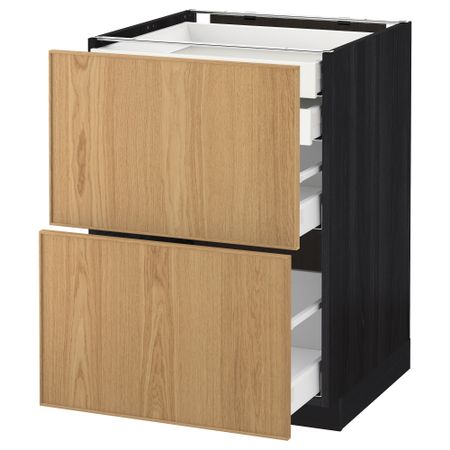 Напольный шкаф 2 фронтальные панели, 2 нижних, 1 средний, 1 высокий ящик МЕТОД / МАКСИМЕРА, черный, Экестад дуб