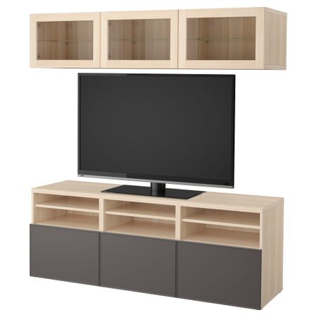 Шкаф для ТВ, комбинированный, стекляные дверцы БЕСТО, под беленый дуб Грундсвикен, темно-серый прозрачное стекло (180x40x192 см)