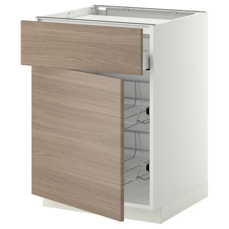 Напольный шкаф для варочной панели, ящик, 2 проволочных корзины МЕТОД / МАКСИМЕРА, белый, Брокхульт светло-серый (60x60 см)