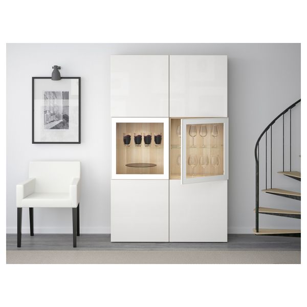 Комбинация для хранения со стеклянными дверцами БЕСТО, под беленый дуб, Сельсвикен глянцевый/белый прозрачное стекло (120x40x192 - фото 2