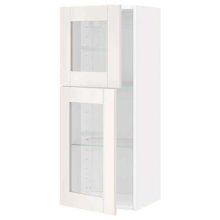 Навесной шкаф с полками, 2 стекло дверцы МЕТОД, белый, Сэведаль белый (40x100 см)