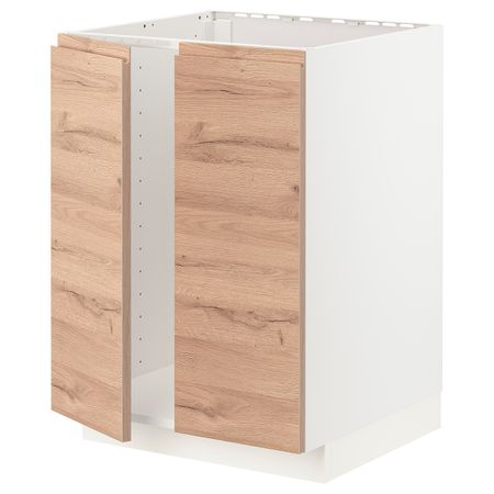 Напольный шкаф для мойки+2 двери, белый/Воксторп под дуб 60x60 см IKEA METOD МЕТОД 594.141.78