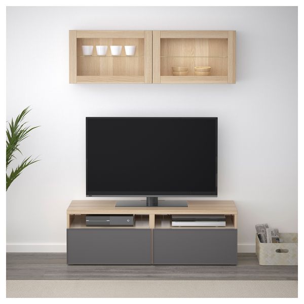 Шкаф для ТВ, комбинированный, стекляные дверцы БЕСТО, под беленый дуб Грундсвикен, темно-серый прозрачное стекло (120x20/40x166 - фото 2