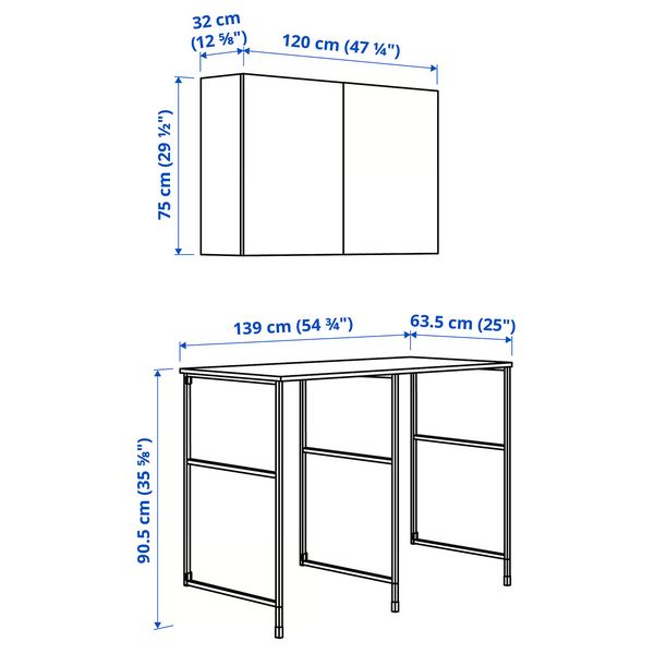 ENHET Комбинация д/хранения - антрацит/белый 139x63.5x90.5 см - схема-чертеж с размерами