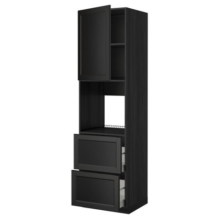 Высокий шкаф для духовки + дверца, 2 форнтальных, 2 высоких ящик МЕТОД / МАКСИМЕРА, черный, Лаксарби черно-коричневый