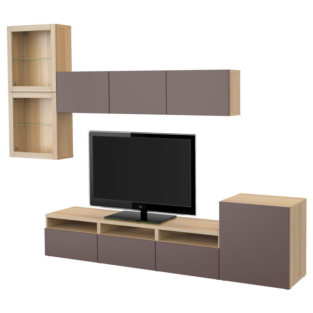 Шкаф для ТВ, комбинированный, стекляные дверцы БЕСТО, под беленый дуб, Вальвикен темно-коричневый, прозрачное стекло - фото 1