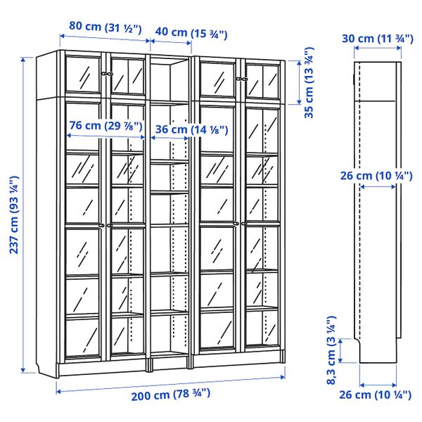 Стеллаж, белый 200x30x237 см IKEA BILLY БИЛЛИ / OXBERG ОКСБЕРГ 992.440.04 - схема-чертеж с размерами