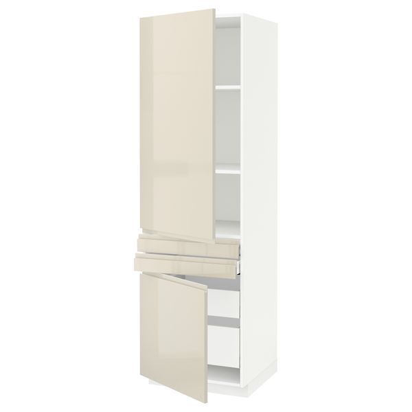 Высокий шкаф + полки, 4 ящик, 2 двери, 2 фронтальные МЕТОД / МАКСИМЕРА, белый, Воксторп глянцевый светло-бежевый (60x60x200 см) - схема-чертеж с размерами