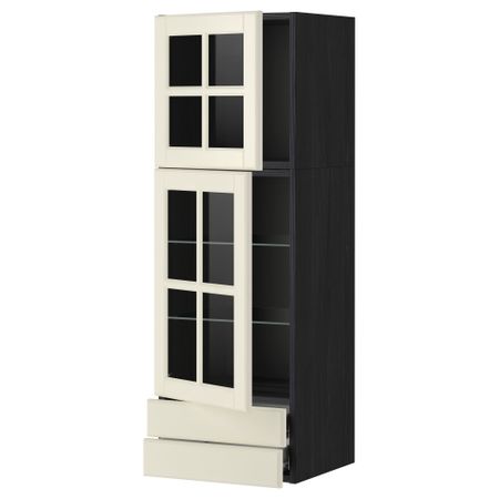 Навесной шкаф, 2 стеклянные дверцы, 2 ящика МЕТОД / ФОРВАРА, черный, Будбин белый с оттенком