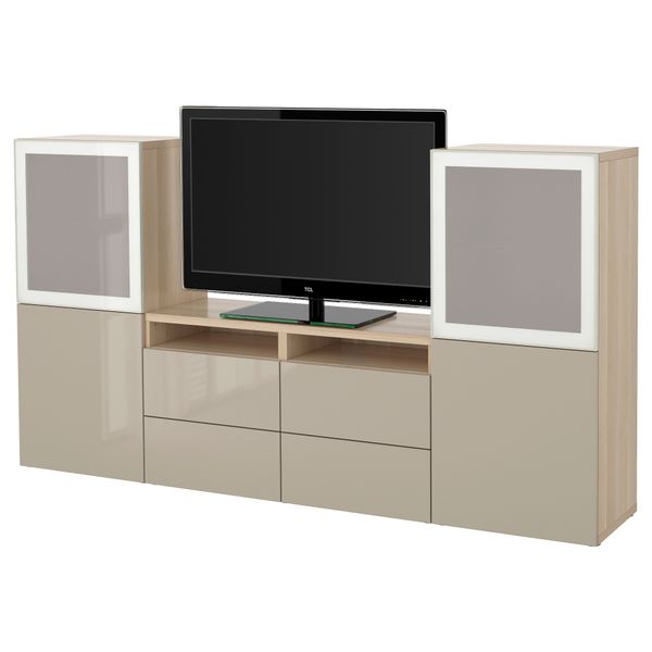 Шкаф для ТВ, комбинированный, стекляные дверцы БЕСТО, под беленый дуб, Сельсвикен глянцевый/бежевый матовое стекло (240x40x128 - фото 1