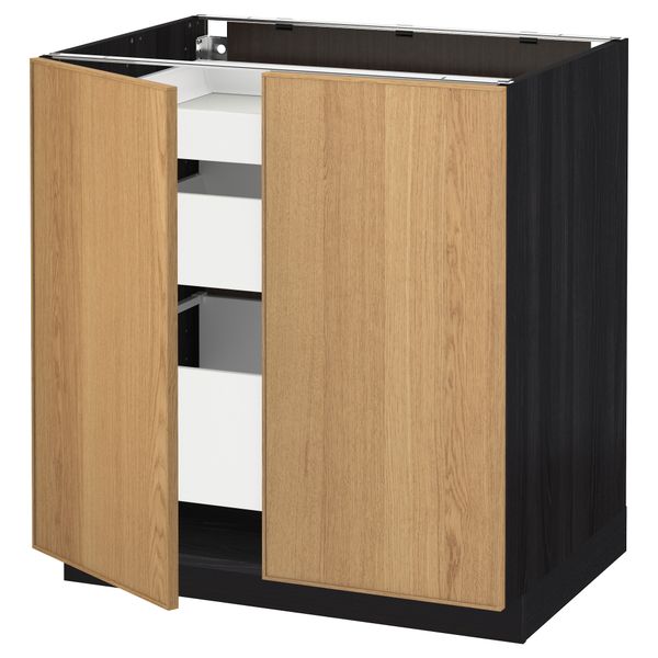 Напольный шкаф с 2 дверцами, 3 ящиками МЕТОД / МАКСИМЕРА, черный, Экестад дуб (80x60 см) - схема-чертеж с размерами